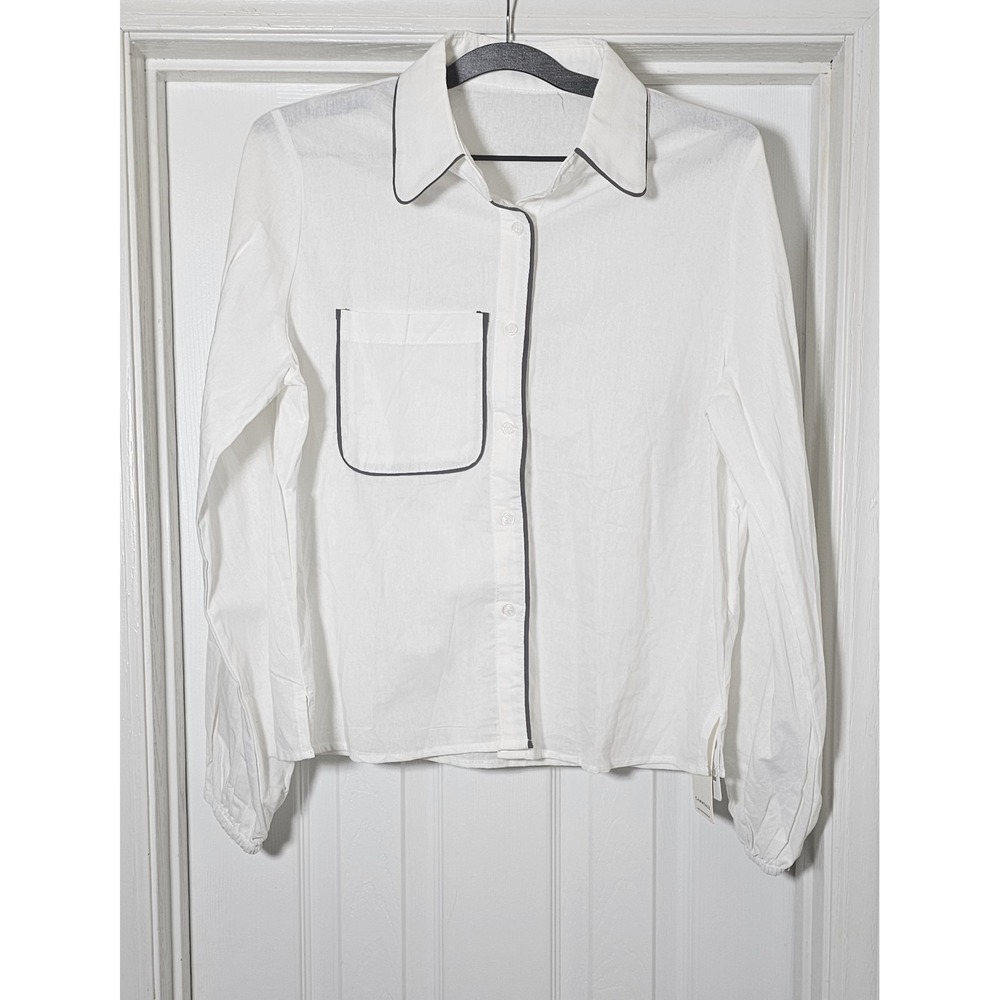 Commense Cotton Linen Blouse Crisp Button Up Gray Piping Balloon Sleeves Sz M‎